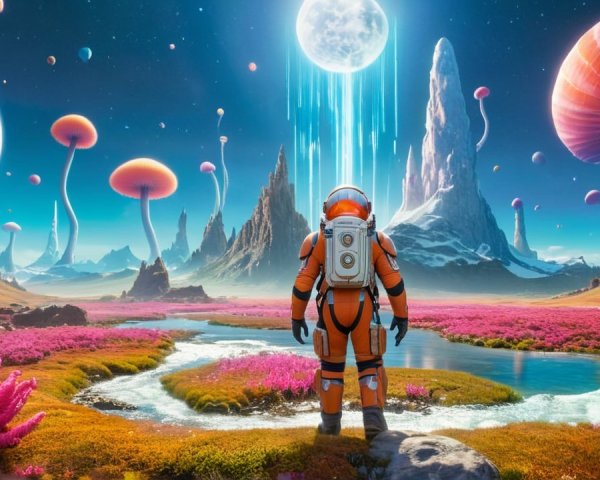 Astronaut on a vibrant alien landscape with flora and waterfalls