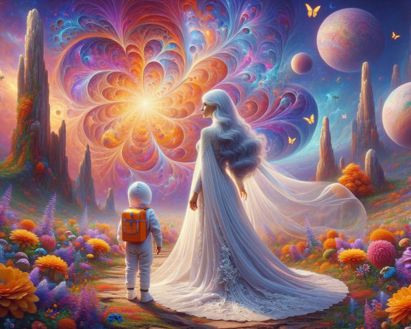 Surreal Landscape with Woman and Child in Space Suit