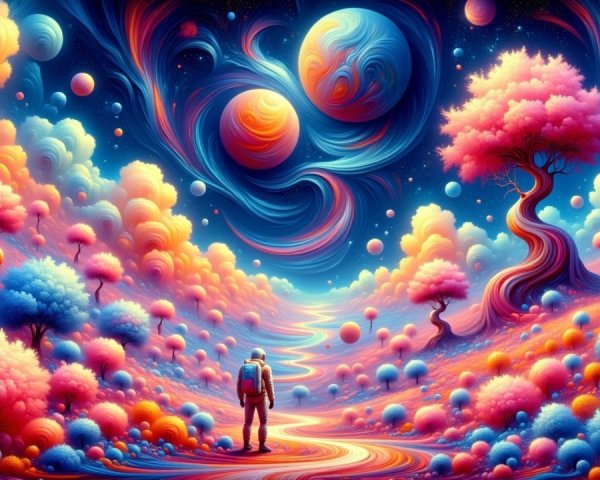 Vibrant Dreamlike Landscape Under Cosmic Sky