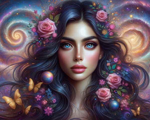 Mystical Portrait of a Young Woman with Cosmic Background