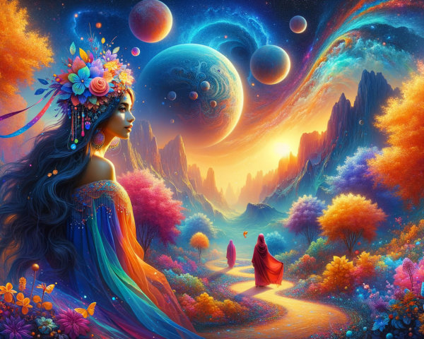 Woman in Flower Adornments in Cosmic Landscape