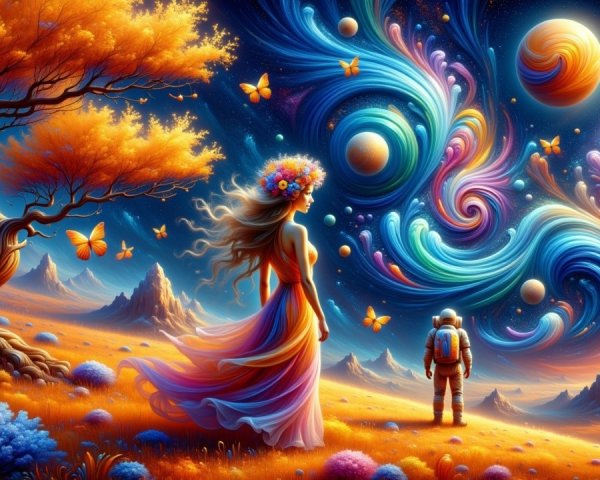 Surreal Landscape with Vibrant Sunset and Cosmic Elements
