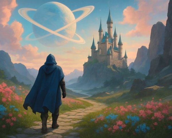 Hooded Figure Walking Toward Castle in Fantasy Landscape