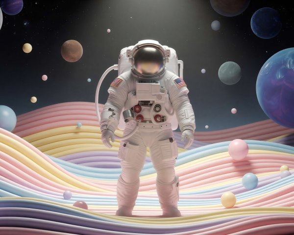 Astronaut in Whimsical Surreal Landscape with Pastel Colors