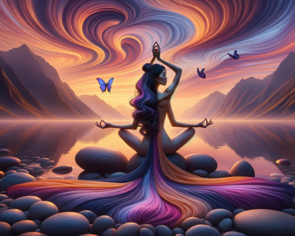 Meditative Figure by Tranquil Lake at Twilight
