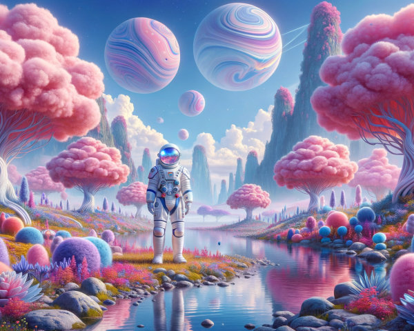 Whimsical Landscape with Astronaut and Vibrant Nature