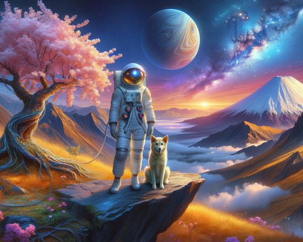 Astronaut and Dog in Alien Landscape with Gas Giant