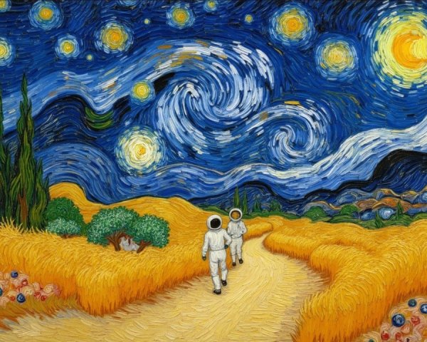 Astronauts in Wheat Fields Under Starry Night Sky