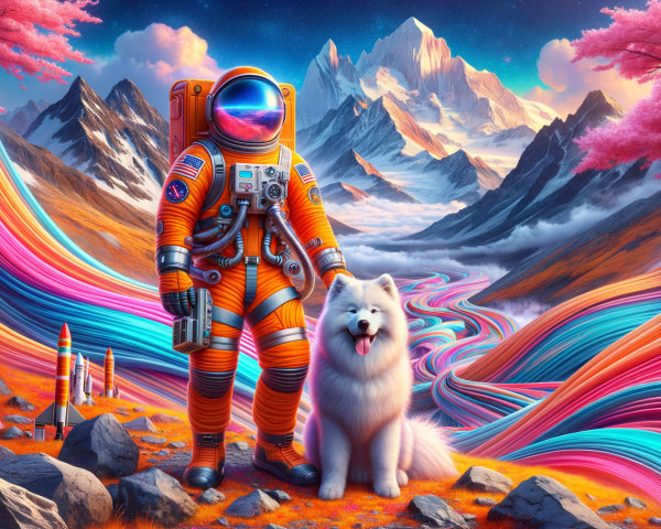 Astronaut and Dog in Surreal Colorful Landscape