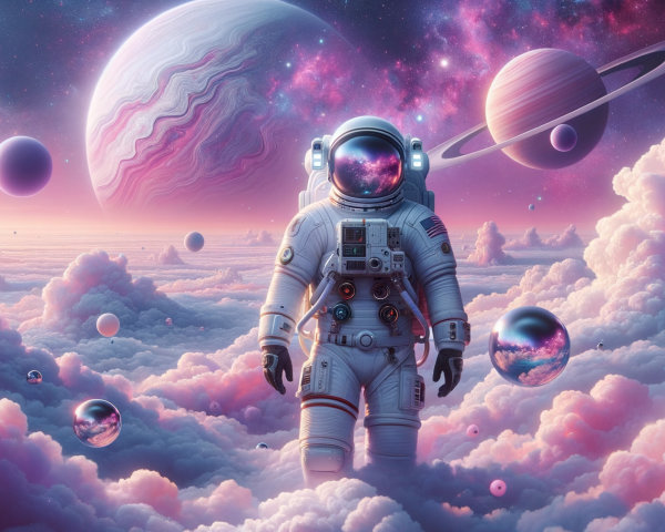Astronaut on Pink Clouds in Cosmic Landscape
