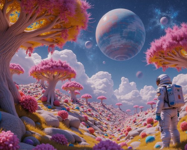 Surreal Landscape with Astronaut and Pink Trees