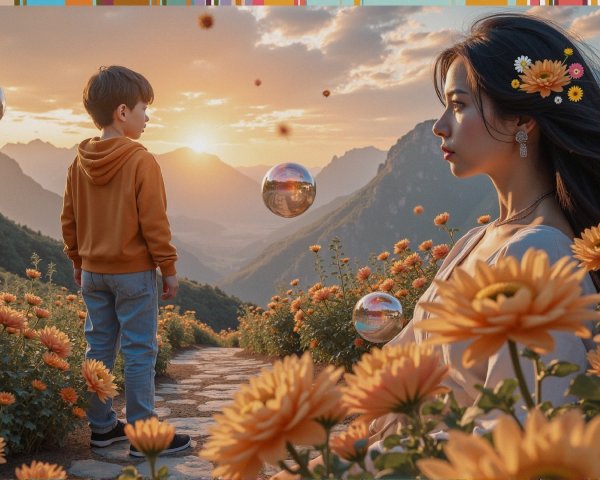 Boy and woman at sunset in a flower-filled landscape