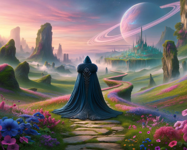 Hooded Figure on Stone Path Overlooking Fantasy Landscape