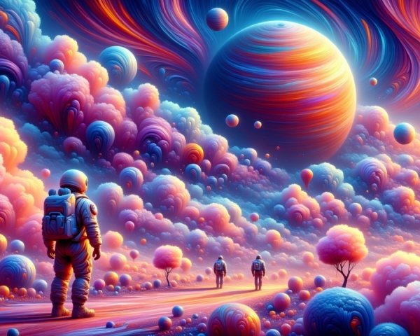 Astronaut in Surreal Landscape with Cosmic Elements