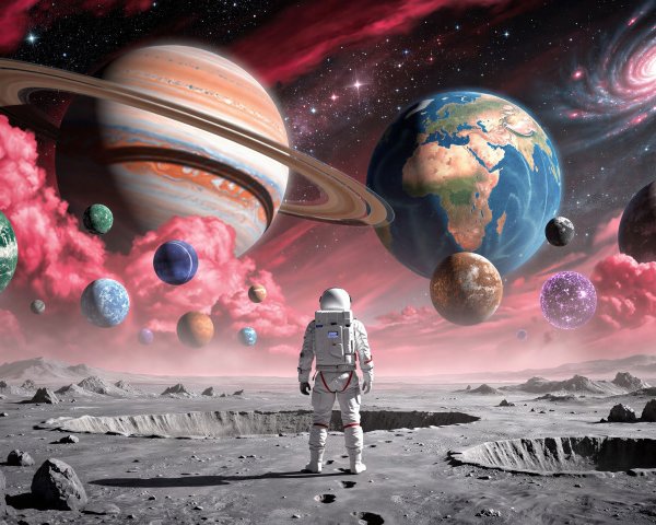 Astronaut Observes Cosmic Landscape with Gas Giant and Earth