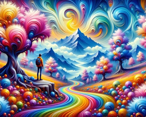 Surreal Landscape with Colorful Mountains and Trees