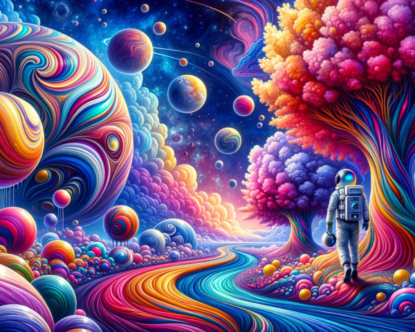 Surreal Landscape with Astronaut and Colorful Cosmos