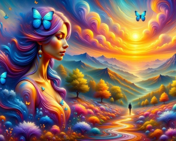 Dreamy Landscape with Serene Woman and Colorful Sky