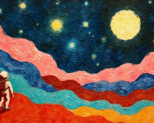 Astronaut on Abstract Landscape Under Starry Sky