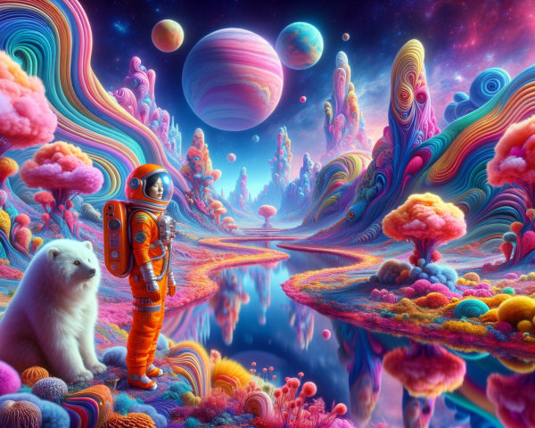 Astronaut and Bear in Vibrant Otherworldly Landscape