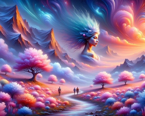 Surreal Landscape with Vibrant Trees and Majestic Mountains