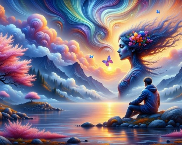 Serene Sunset Landscape with Dreamlike Water Figure