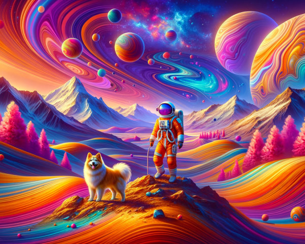 Surreal Landscape with Astronaut and Dog Among Planets