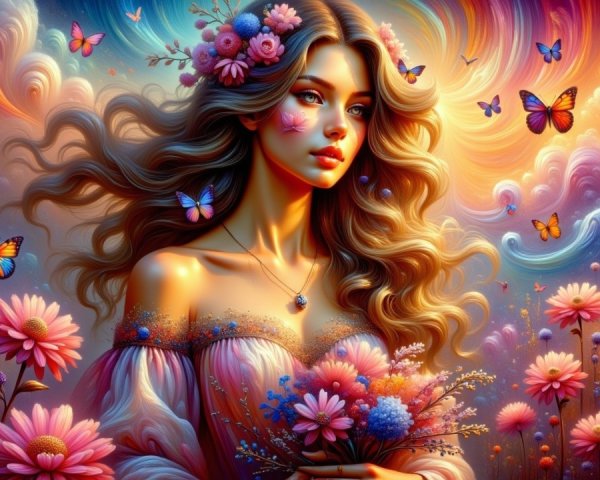 Portrait of a young woman with flowers and butterflies