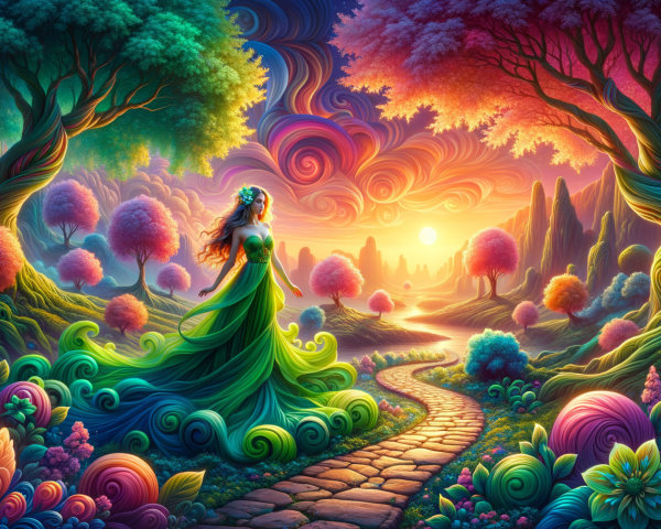 Woman in Green Gown in Vibrant Fantasy Landscape