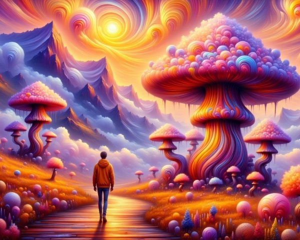 Surreal Landscape with Colorful Mushrooms and Mountains