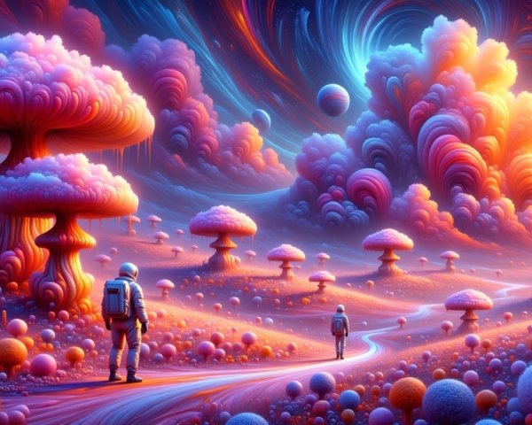 Surreal Alien Landscape with Vibrant Mushrooms and Astronauts