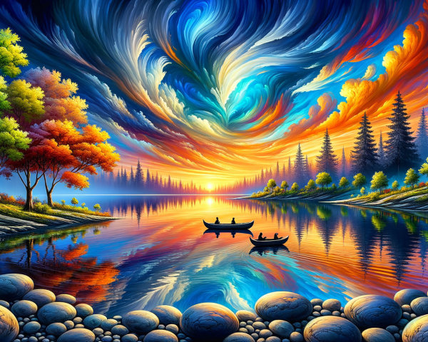 Vibrant Sunset Over a Tranquil Lake with Boats