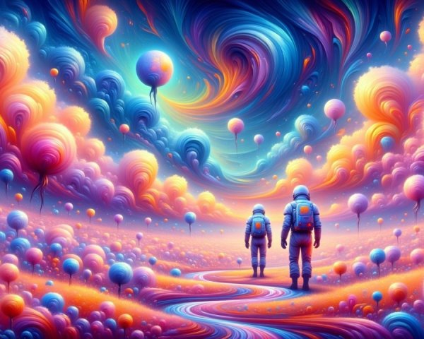 Astronauts in a Surreal Colorful Landscape