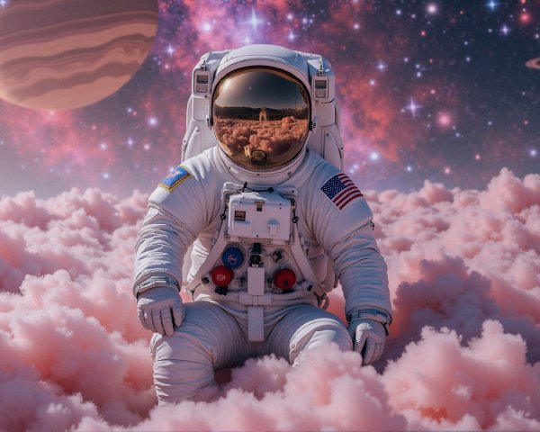 Astronaut in Space Suit Among Pink Clouds and Galaxies
