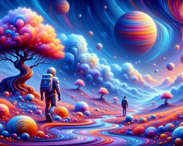 Surreal Landscape with Astronaut and Colorful River