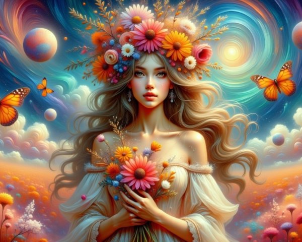Ethereal Woman in a Fantastical Floral Landscape