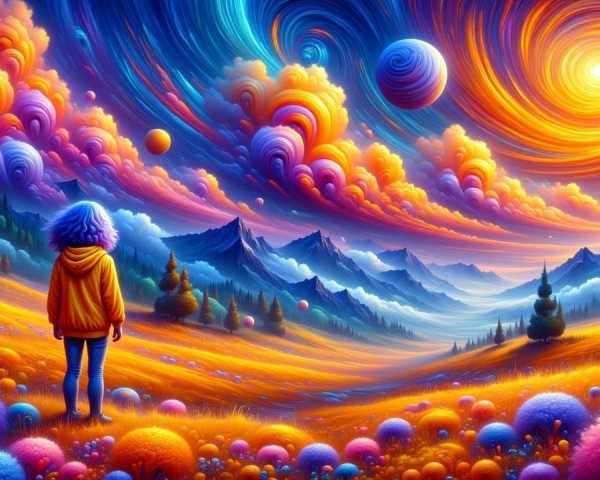 Surreal Landscape with Colorful Clouds and Planets