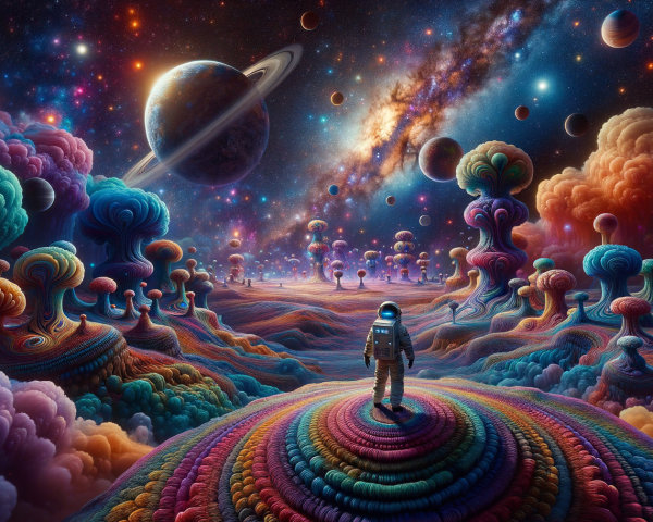 Astronaut in Surreal Landscape with Cosmic Elements