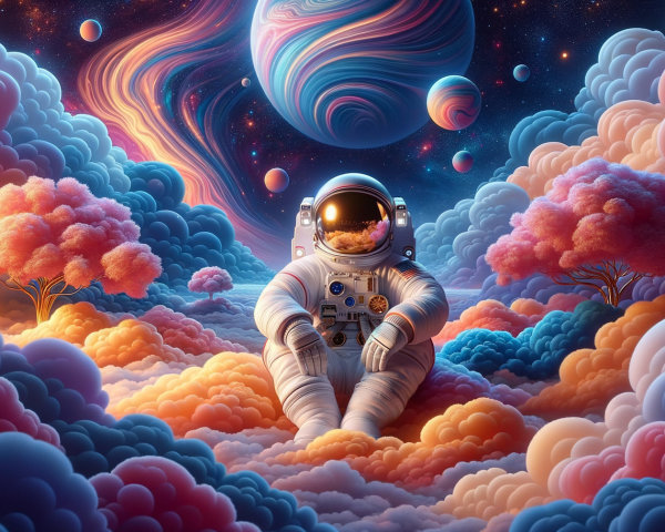 Astronaut in Dreamlike Cosmic Cloudscape Scene