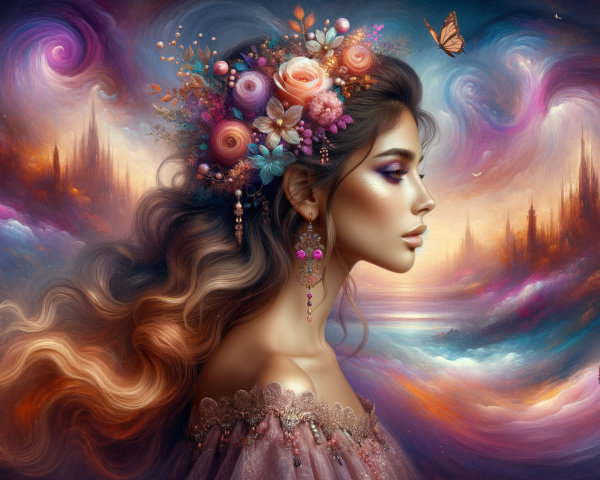 Profile of a serene woman with a floral crown