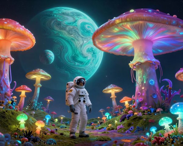 Astronaut Exploring Vibrant Alien Planet at Night