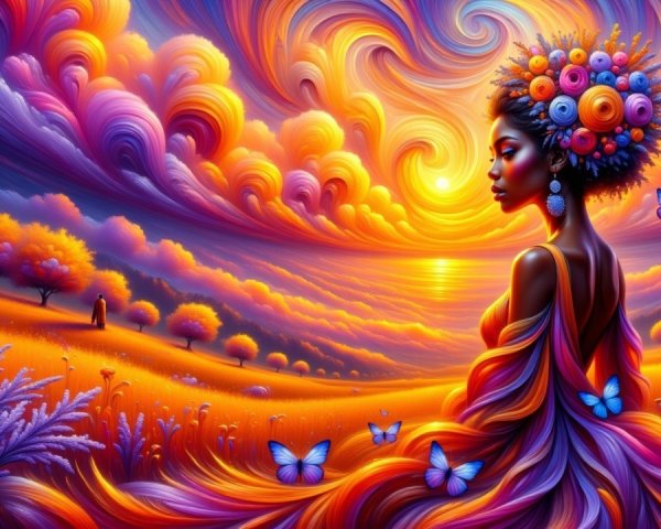 Vibrant Scene of Woman in Floral Crown at Sunset