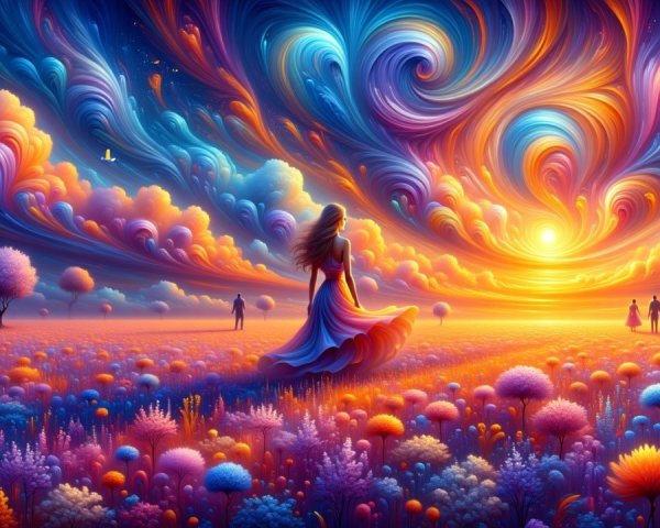 Surreal Sunset Landscape with Colorful Flowers and Figures