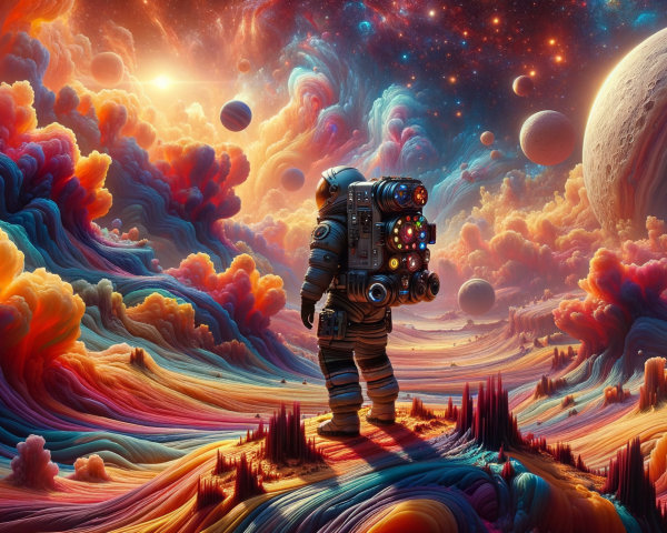 Astronaut in a Colorful Cosmic Landscape Scene