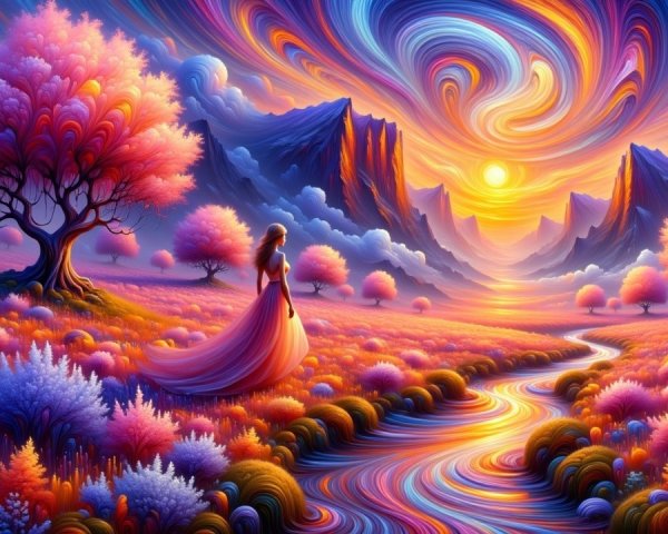 Woman in gown by shimmering stream at sunset