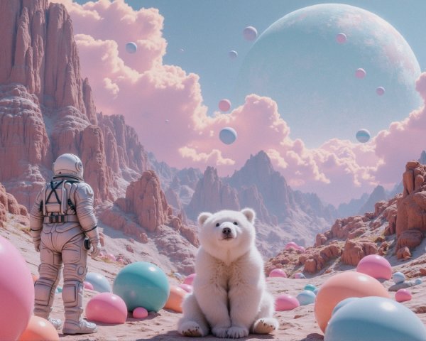 Astronaut and Polar Bear in Dreamy Alien Landscape
