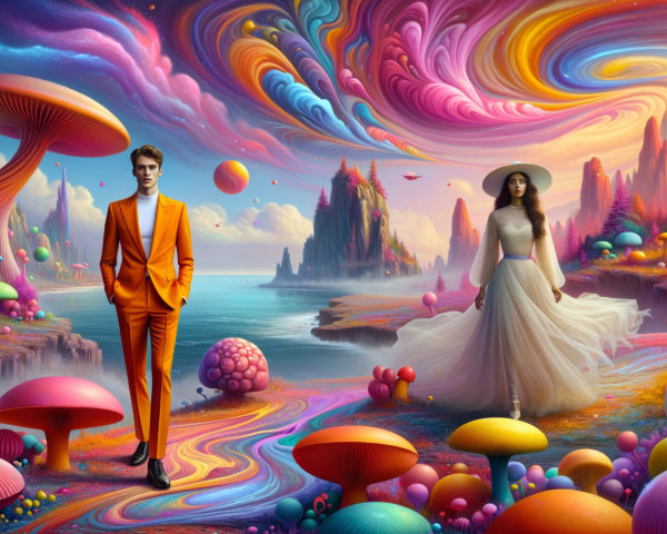 Surreal Landscape with Colorful Figures and Elements