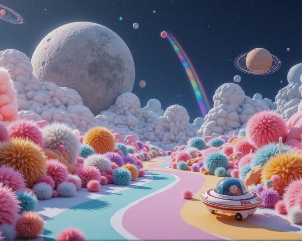Whimsical Landscape with Colorful Clouds and Spacecraft