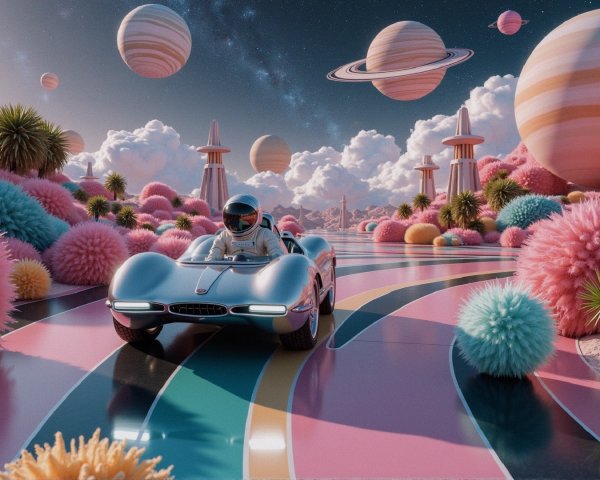 Futuristic Scene with Retro Car and Cosmic Landscape