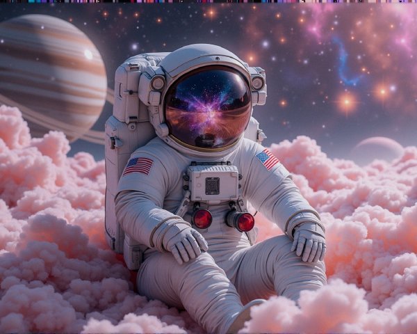 Astronaut on Cloud in Cosmic Landscape with Planet Rings